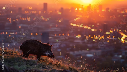  a wild boar on top of a hill overlooking buildings and city lights in Mexico City at sunset, photo