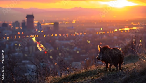  a wild boar on top of a hill overlooking buildings and city lights in Mexico City at sunset,