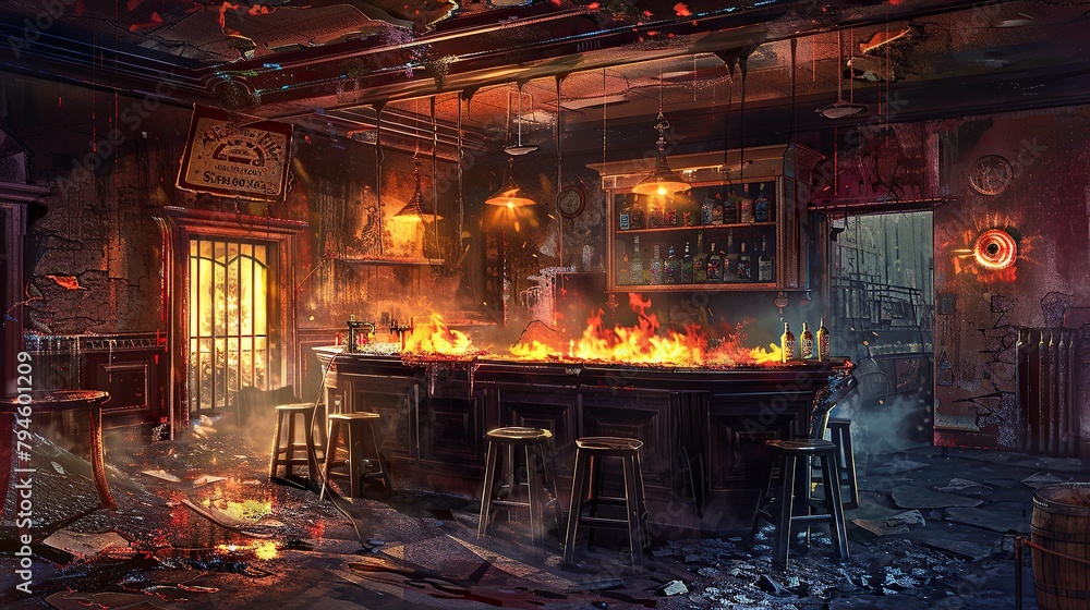Bar burned down closed retro hand-painted style comic style HD