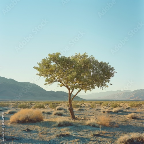 A single tree stands in the middle of a vast desert. photo
