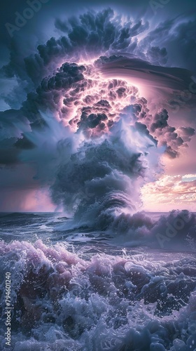 A stormy sea with a large  dark  swirling cloud formation.