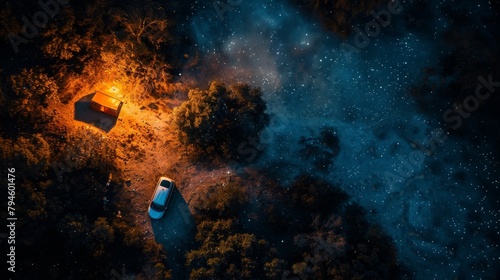 An aerial view of a car parked next to a tent at night. There is a campfire burning next to the tent and a starry sky above.