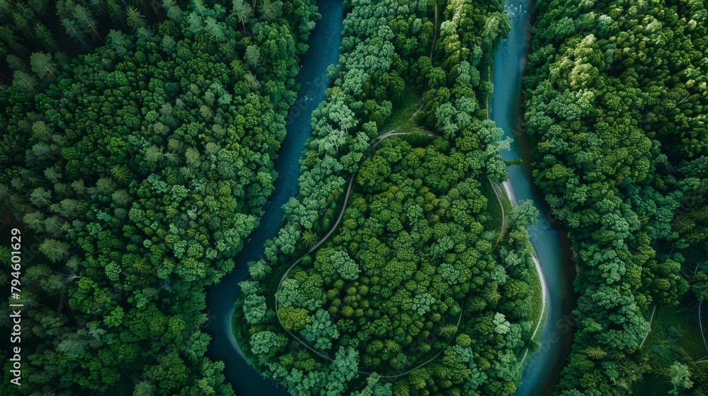 An aerial view of a lush green forest with a river running through it. - obrazy, fototapety, plakaty 
