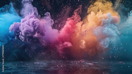 Colorful powder burst on dark surface photo