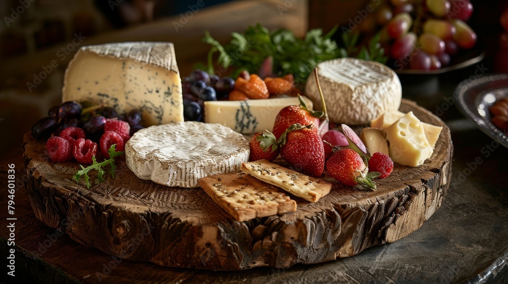 An assortment of cheeses and fruits on a wooden board.