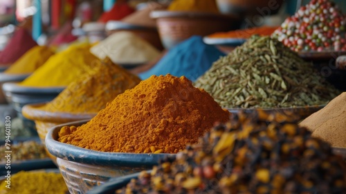 An assortment of colorful spices in a market.
