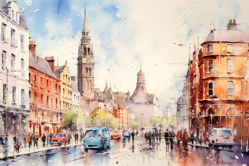 Watercolor English cityscape inspired by Ireland. Old European, Irish medieval style houses, buildings and street. UK cityscape. Cloudy sky. photo