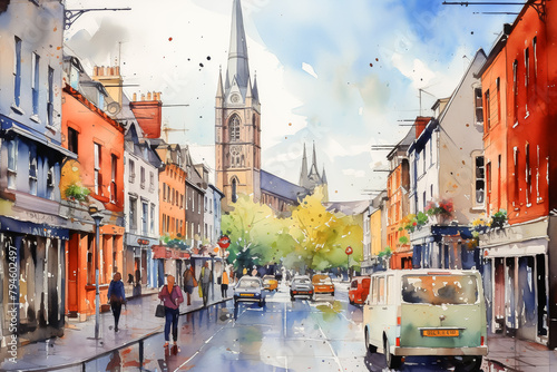 Watercolor English cityscape inspired by Ireland. Old European, Irish medieval style houses, buildings and street. UK cityscape. Cloudy sky. photo