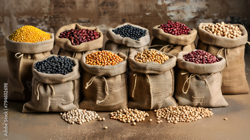 A variety of beans, legumes and grains in burlap bags arranged neatly to showcase their diversity and colors. 