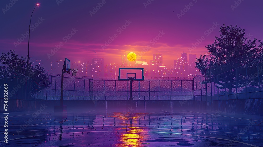 basketball, epic pose, yellow and purple, basketball court, city