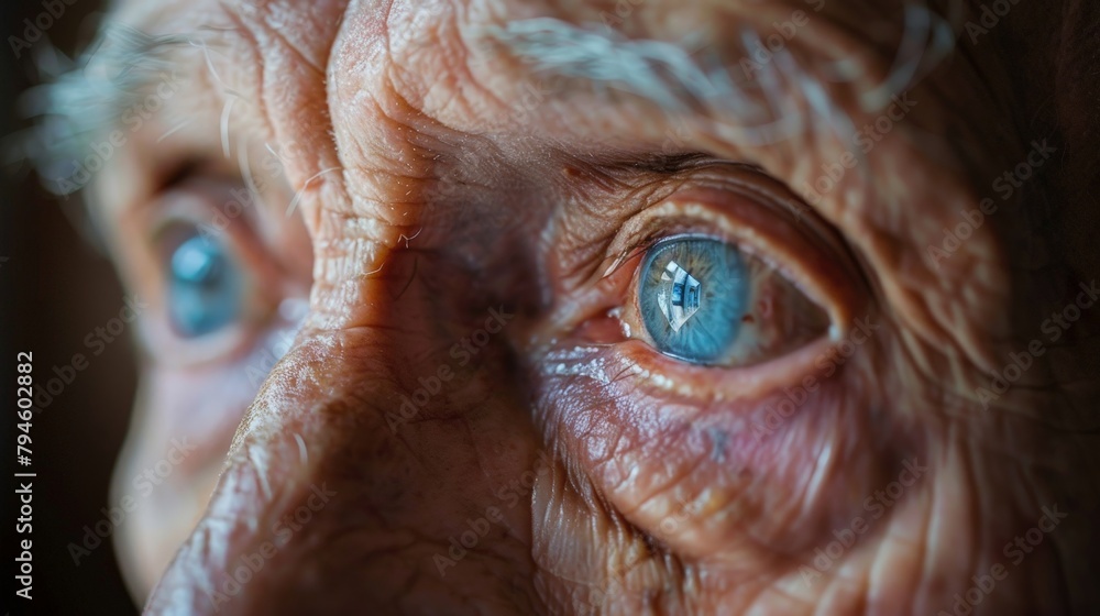 A close-up of an elderly man's eyes, with the reflection in his pupils showing a fragmented and incomplete picture, hinting at the distorted reality faced by those with dementia. A close-up of an elderly man's eyes, with the reflection in his pupils showing a fragmented and incomplete picture, hinting at the distorted reality faced by those with dementia.