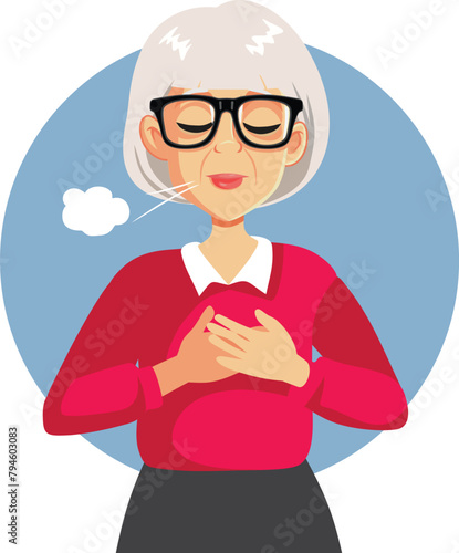 Tired Old Woman breathing Heavily Vector Illustration. Elderly lady suffering from chest pain and shortness of breath symptoms 
