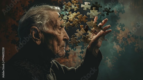 A conceptual scene where an elderly man reaches out to a jigsaw puzzle of his own portrait, with several pieces missing or floating away, illustrating the fragmentation of his mind.