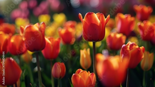 Group of vibrant red and yellow tulips in a meadow #794604444