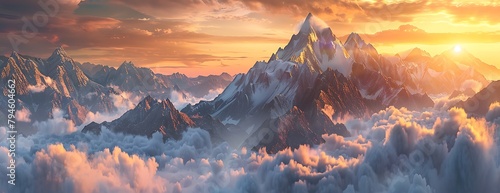 A breathtaking view of the snowcapped mountains, bathed in golden sunlight as they rise above fluffy white clouds