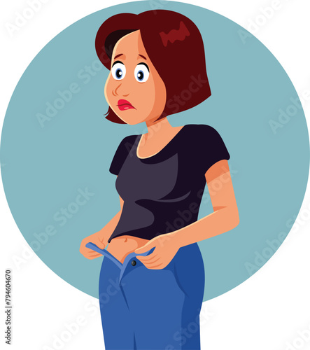 Woman Having Problems to Zip her Pants Vector Cartoon. Sad lady with weight gain problems not fitting in her pants

