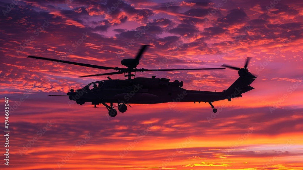 Fototapeta premium A dynamic angle capturing the Apache ascending into a sky painted with streaks of orange and purple, its formidable presence a stark contrast to the peaceful close of the day.