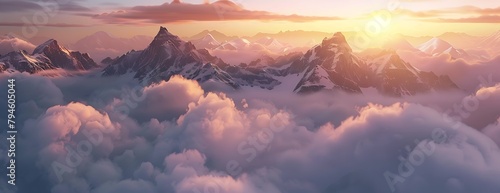 A breathtaking view of the snowcapped mountains, bathed in golden sunlight as they rise above fluffy white clouds