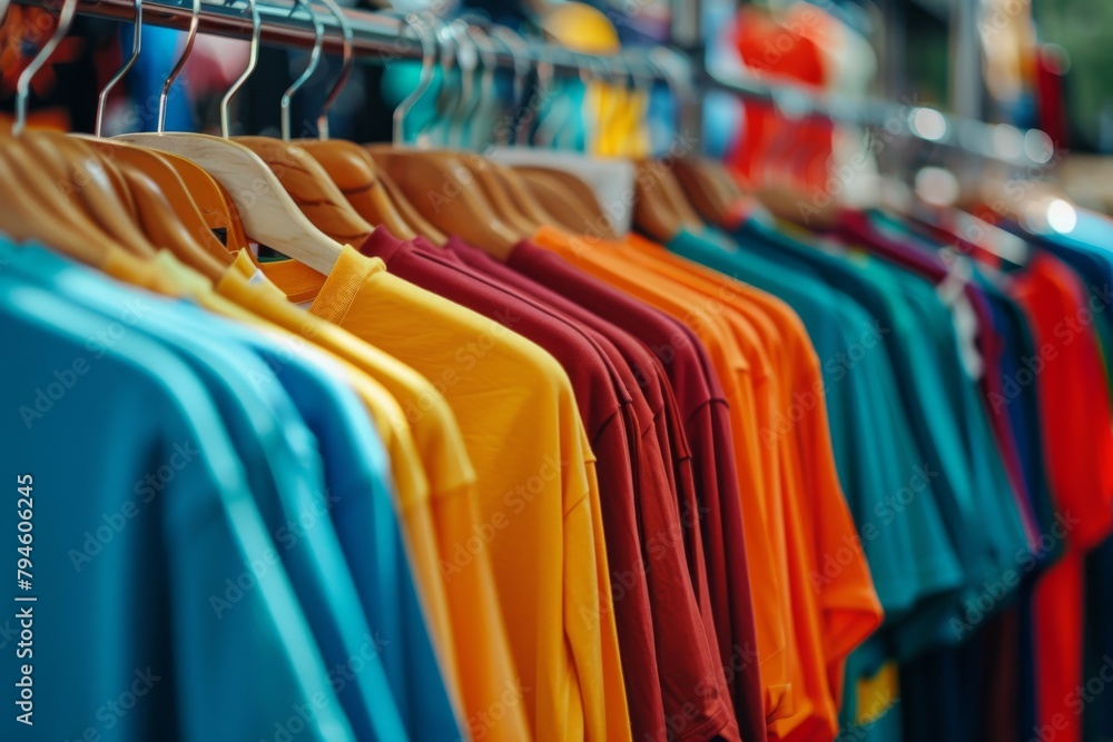 Vibrant T-shirts on street market rack with abstract blurred background Vibrant T-shirts on street market rack with abstract blurred background