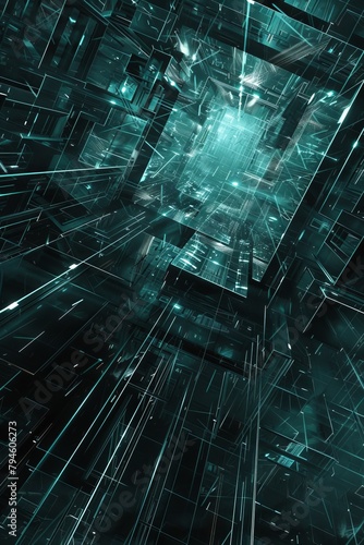 Abstract metallic teal lines black cyber geometric lines