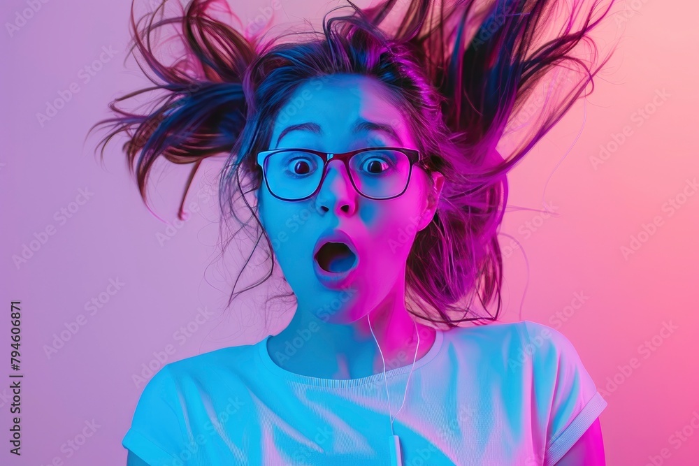 Photo of amazed shocked young woman look phone fast internet fly hair isolated on colorful neon background - generative ai Photo of amazed shocked young woman look phone fast internet fly hair isolated on colorful neon background - generative ai