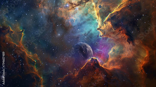 A spectacular view of a nebula, bursting with colors that seem to tell the story of the universe, with a planet perfectly positioned to witness this tale photo