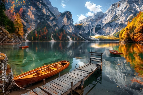 A wooden dock juts into the crystalclear waters of braies lake in Italy, surrounded by towering mountains and reflecting colorful autumn foliage