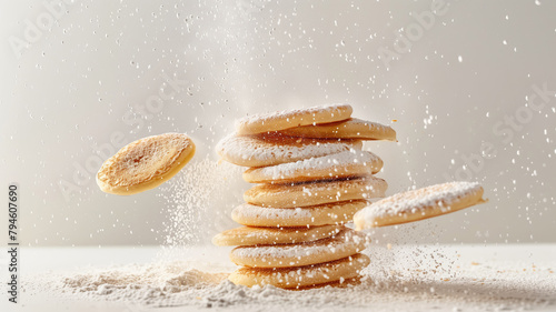 Stack of golden pancakes with powdered sugar cascading around them, emphasizing the appeal and dynamic preparation of this popular breakfast dish