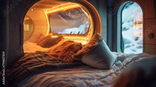Inside the Aurora Pod guests are treated to a cozy and comfortable sleeping pod complete with warm fauxfur bedding and soft ambient lighting to enhance relaxation. 2d flat cartoon.