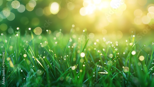Beautiful green grass background with dew drops  in a closeup. A beautiful natural scene of spring or summer.