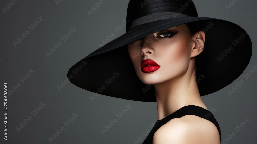 A fashion-forward depiction of a woman in a striking black hat, her posture and attitude exuding confidence, the accessory complementing her avant-garde makeup and styling. A fashion-forward depiction of a woman in a striking black hat, her posture and attitude exuding confidence, the accessory complementing her avant-garde makeup and styling.