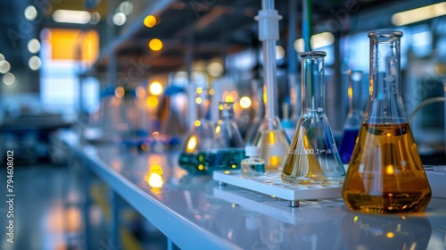 Defocused background image of Academic Research showcasing a busy laboratory filled with test tubes beakers and scientific equipment with scientists in white lab coats conducting experiments .