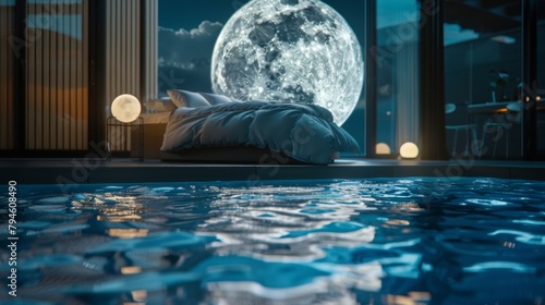 Watch the moons reflection dance on the surface of the water as you settle into your luxurious underwater bed. 2d flat cartoon.