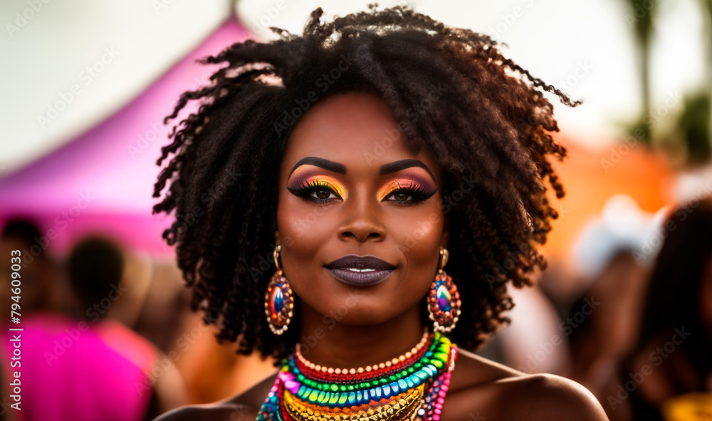 African american woman with dark curly hair. She is wearing colorful makeup, large earrings, and a colorful necklace. African american woman with dark curly hair. She is wearing colorful makeup, large earrings, and a colorful necklace.