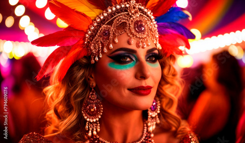 A transgender woman wearing a feather headdress and colorful makeup looks into the distance.