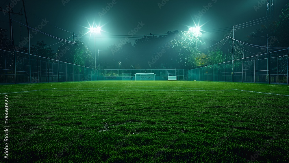 a soccer field with lights and grass in the middle of it at night time a soccer field with lights and grass in the middle of it at night time