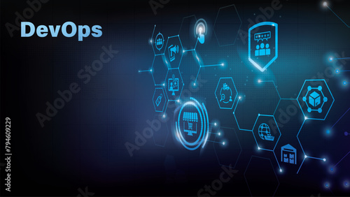 Devops. Agile development and optimization concept on virtual screen. Software engineering. Software development practices methodology. Vector illustration.