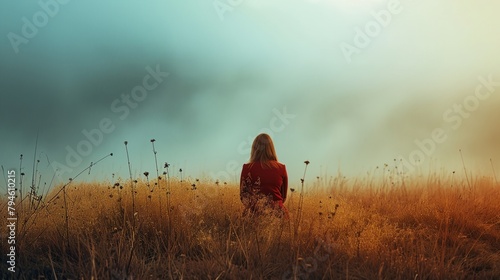 a woman in a red dress is standing in a field of tall grass and flowers with a sky background