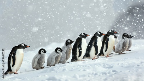 A line of penguins waddling through the snow  their fluffy chicks in tow  illustrating the communal spirit and the enduring charm of wildlife families in winter settings.