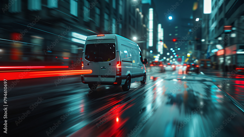 a van driving down a city street at night time - obrazy, fototapety, plakaty 