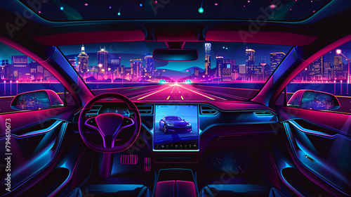 a car dashboard with a city skyline in the background at night time with neon lights