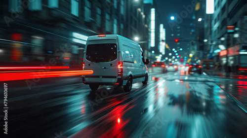 a van driving down a city street at night time photo