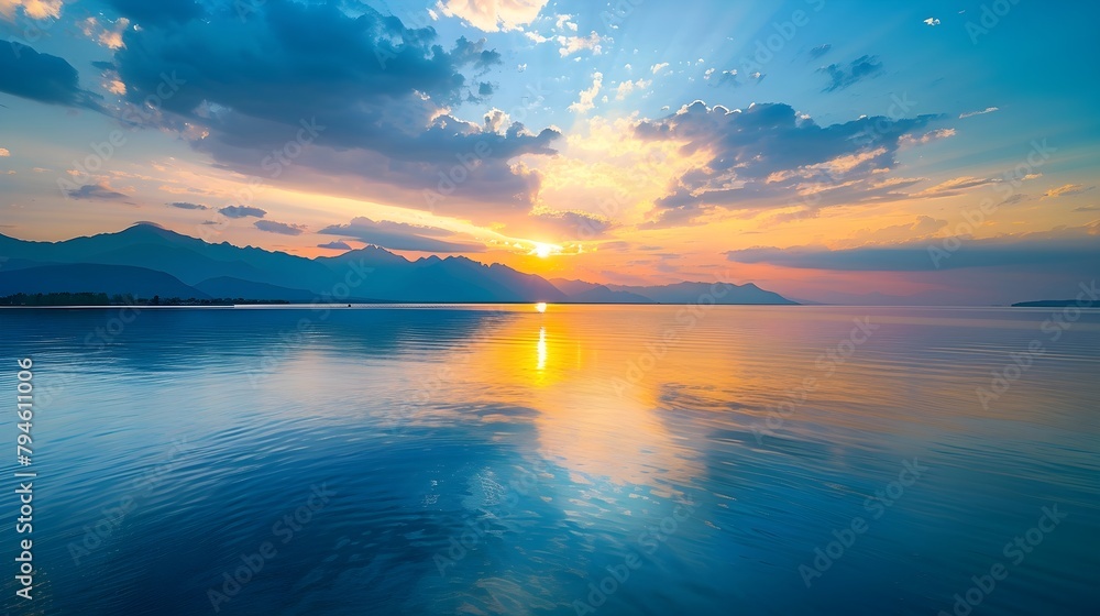 Fototapeta premium blue lake and sky sunset landscape background wallpaper