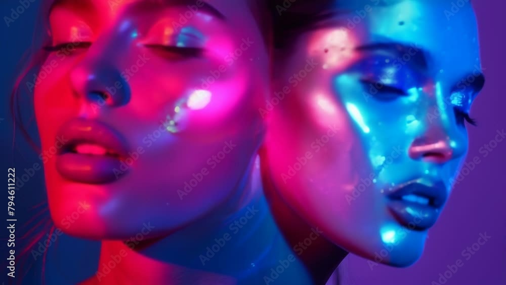 Electrifying neon hues illuminate a woman's face, pulsing with the dynamic 24/7 energy of the sleepless city. Electrifying neon hues illuminate a woman's face, pulsing with the dynamic 24/7 energy of the sleepless city.