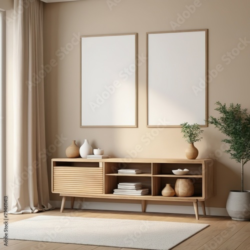 Mockup poster frame in minimalist modern interior background, 3d render. Frame poster mockup in Boho style interior 3d rendering,
