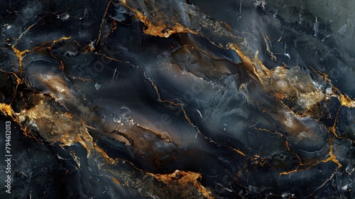 slab of black onyx with elegant natural patterns, illuminated to highlight its unique veining and glossy texture.