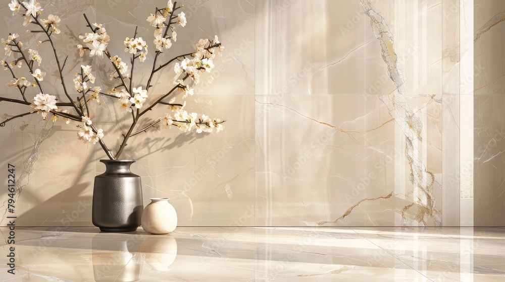 A slab of pastel-toned marble adorned with intricate flower motifs, adding a touch of elegance and sophistication to interior design. A slab of pastel-toned marble adorned with intricate flower motifs, adding a touch of elegance and sophistication to interior design.
