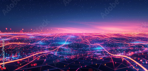 Neon sparks over a geometric horizon, depicting the rapid transmission of data in a futuristic setting photo
