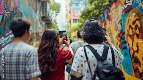 A group of tourists cameras in hand capture the colorful and dynamic street art as they immerse themselves in the bustling atmosphere . .