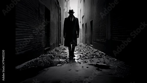 Silhouette Man walking Alone down a dark narrow alley  photo